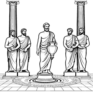 Fünf kluge Philosophen in inspirierendem Austausch Ausmalvorlage für wissbegierige Entdecker