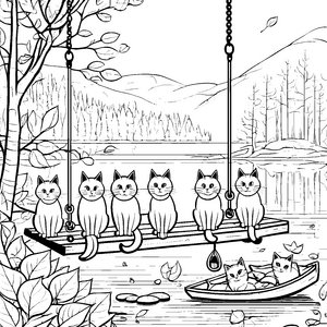 Grummelige Katzen beim Entspannen am See Ausmalvorlage für entspannte Tierfreunde