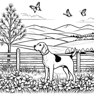 Beagle mit fröhlichen Schmetterlingen im blühenden Feld Ausmalbild für neugierige Tierfreunde
