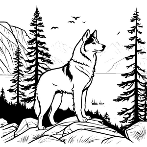 Majestätischer Husky vor traumhafter Berglandschaft Ausmalbild für abenteuerliche Tierfreunde