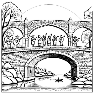 Begeisterte Barden musizieren fröhlich auf der Brücke Ausmalvorlage für kreative Klänge