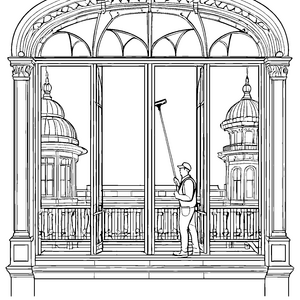 Flinker Fensterputzer in historischer Kulisse Ausmalvorlage für detailverliebte Künstler