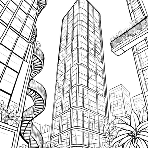 Futuristische Wolkenkratzer in einer grünen Metropole Ausmalbild für kreative Zukunftsgestalter
