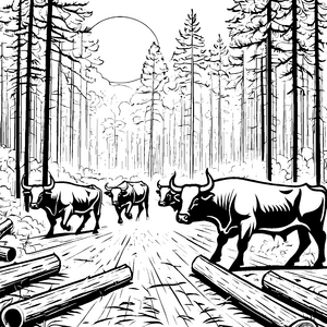 Kraftvolle Stiere im mystischen Wald Ausmalbild für mutige Tierliebhaber