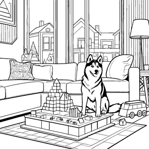 Witziger Husky mit buntem Spielzeug Ausmalmotiv für kreative Hunde-Fans