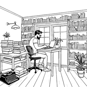 Kreativer Hipster beim Schreiben am Schreibtisch Ausmalbild für inspirierte Denker