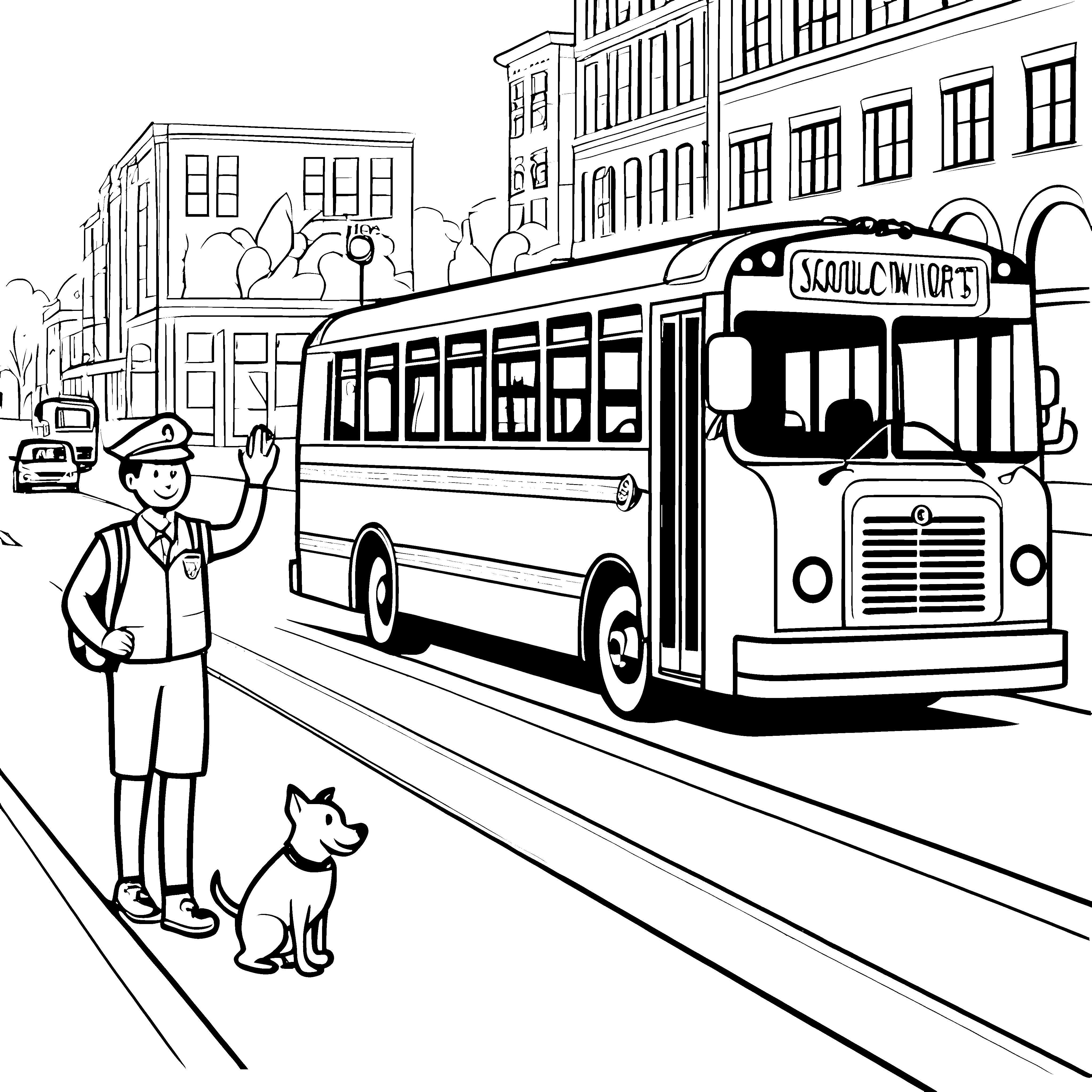 Fröhlicher Busfahrer mit treuem Hund Malvorlage für aufmerksame Entdecker