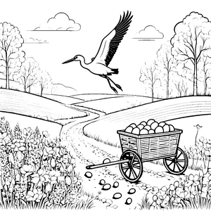 Fliegender Storch über blühendem Feld Ausmalvorlage für neugierige Naturfreunde