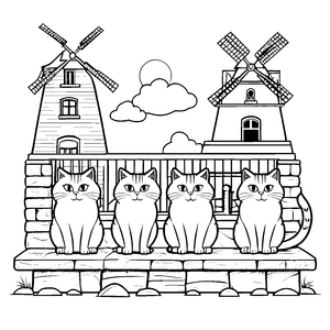 Grummelige Katzen vor stilvollen Windmühlen Ausmalvorlage für kreative Kätzchenliebhaber