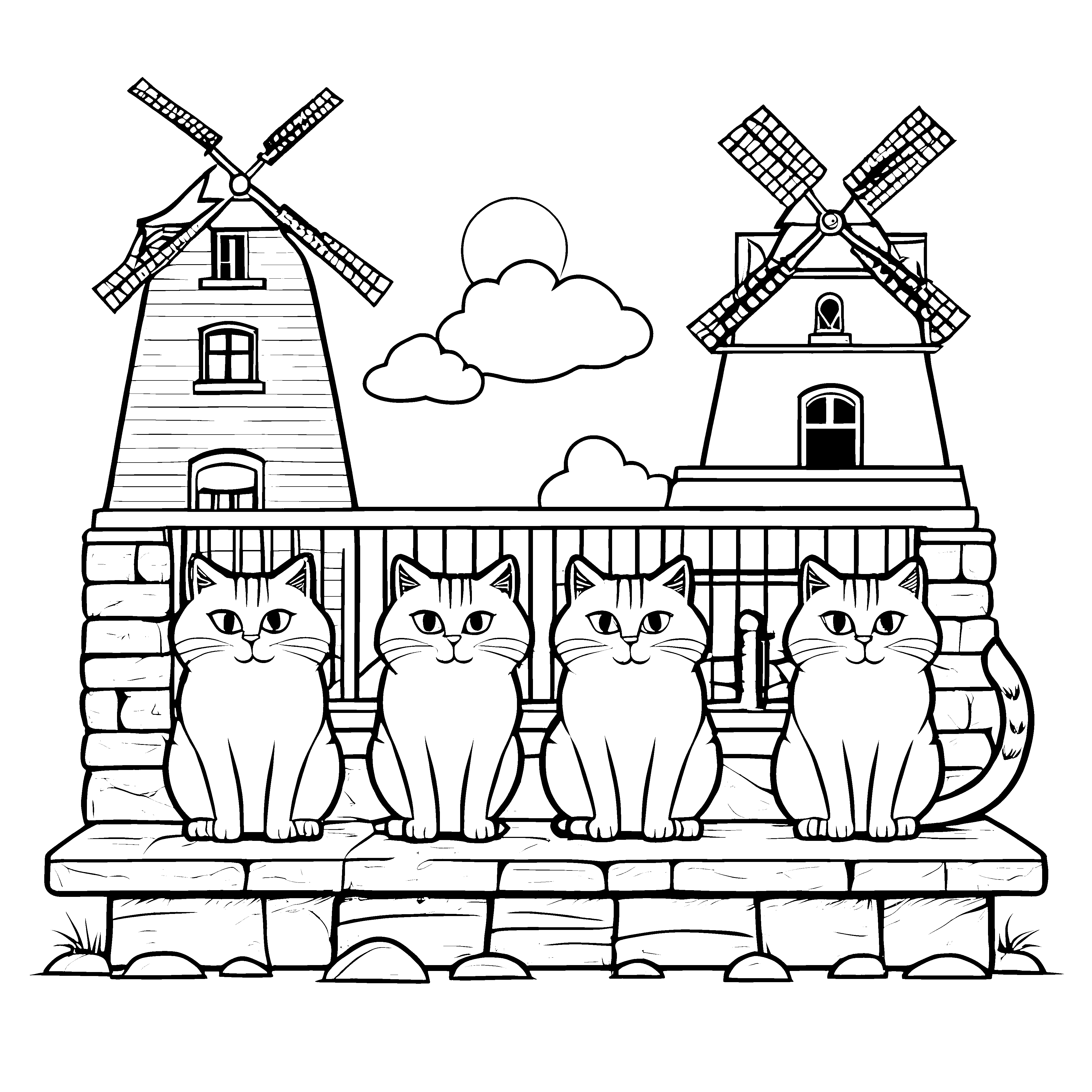 Grummelige Katzen vor stilvollen Windmühlen Ausmalvorlage für kreative Kätzchenliebhaber