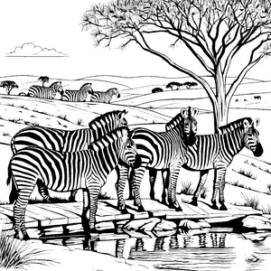 Zebras am glitzernden Wasserloch Ausmalbild für abenteuerliche Tierfreunde