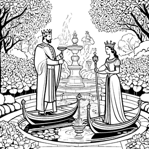 Majestätisches Paar am springenden Brunnen Ausmalbild für kreative Royalty-Fans