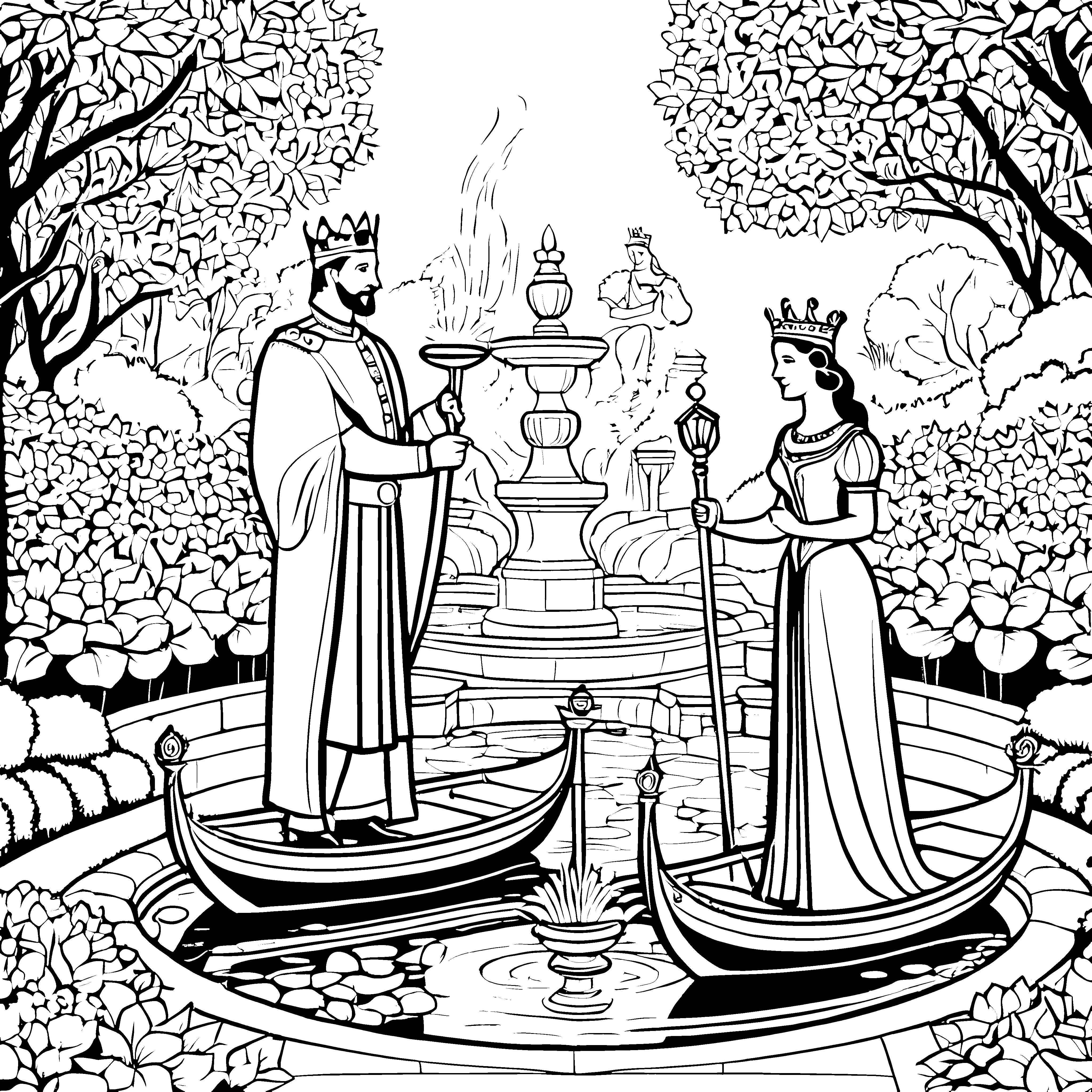 Majestätisches Paar am springenden Brunnen Ausmalbild für kreative Royalty-Fans