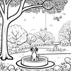 Beagle im liebevollen Gartenparadies Ausmalbild für fröhliche Tierfreunde