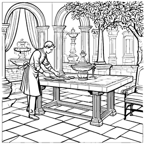 Eleganter Diener im prachtvollen Garten Ausmalvorlage für kreative Entdecker