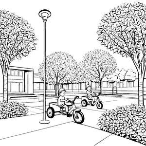 Fröhliche Trike-Rennfahrer im Park Ausmalbild für abenteuerlustige Kids