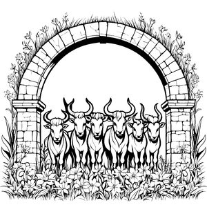 Majestätische Stiere unter der Steinbogenbrücke Ausmalbild für stolze Naturentdecker