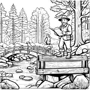 Entdeckerischer Förster mit Karte am Waldbach Ausmalbild für neugierige Naturfreunde