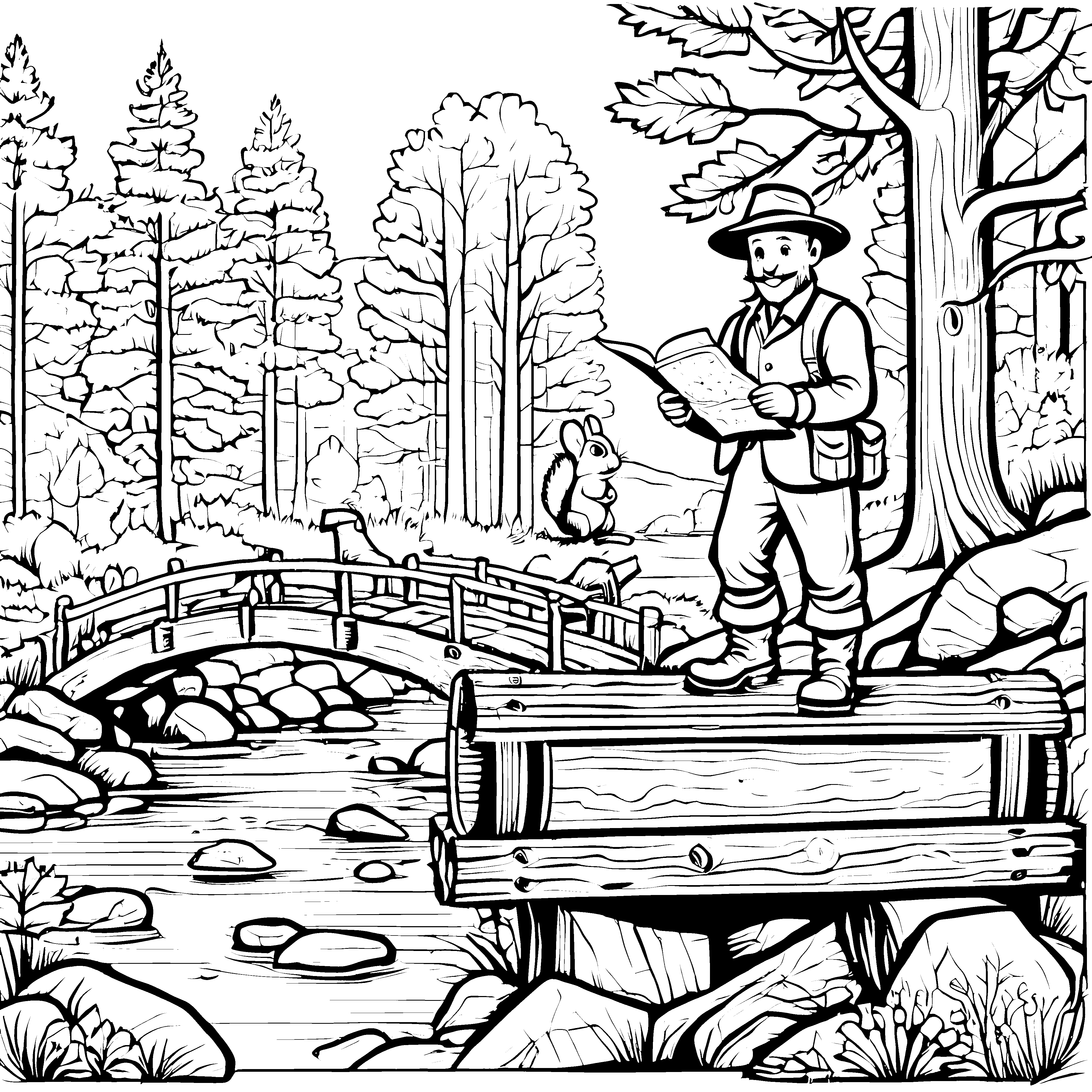 Entdeckerischer Förster mit Karte am Waldbach Ausmalbild für neugierige Naturfreunde