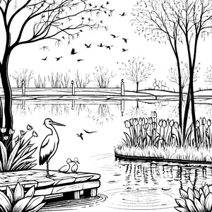 Faszinierende Störche am ruhigen Teich Ausmalvorlage für naturverliebte Entdecker