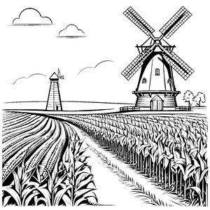 Verzauberte Windmühlen über saftigen Maisfeldern Ausmalbild für kleine Naturabenteurer