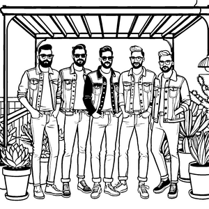 Stylische Hipster-Gang im urbanen Garten Ausmalvorlage für kreative Trendsetter