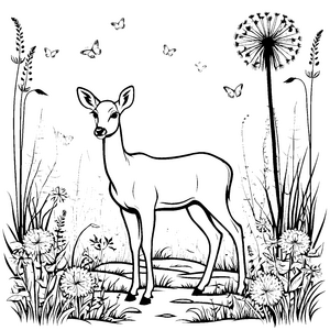 Charmantes Reh unter bunten Schmetterlingen Ausmalbild für kleine Naturfreunde
