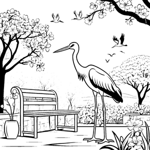Eleganter Storch im blühenden Garten Malvorlage für kreative Naturfreunde