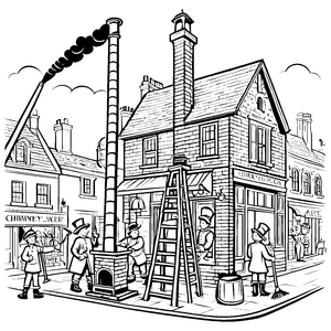 Schornsteinfeger bei der Arbeit in der Stadt Ausmalbild für kleine Handwerksfreunde