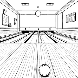 Beeindruckende Bowlingbahn mit rollender Kugel Ausmalbild für begeisterte Sportler