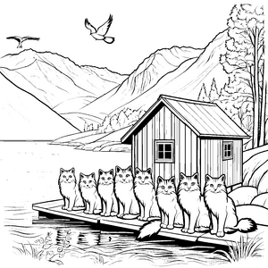 Neugierige Norwegische Waldkatzen am malerischen Wasser Malvorlage für fantasievolle Künstler