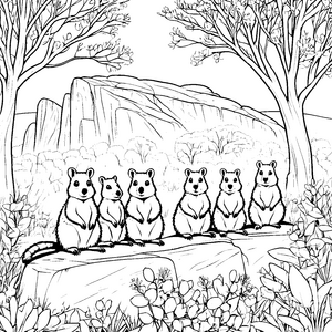 Lustige Quokkas im fröhlichen Wald Ausmalbild für neugierige Tierfreunde