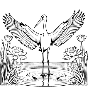 Majestätischer Storch am blühenden Teich Ausmalbild für angehende Naturliebhaber