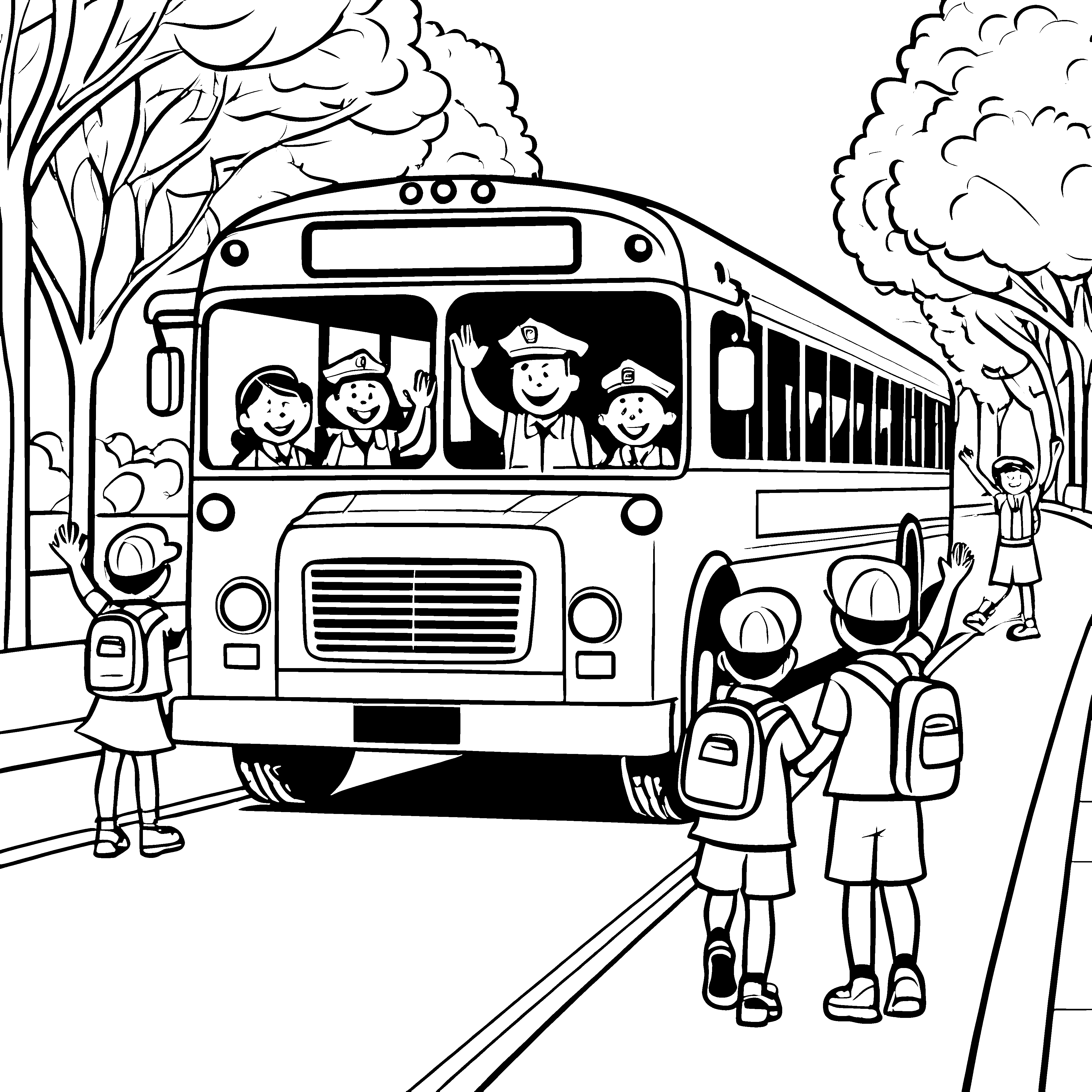 Lustiger Busfahrer mit fröhlichen Schulkindern Ausmalmotiv für kleine Verkehrsentdecker