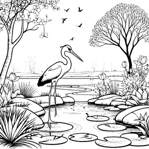Faszinierender Storch im glitzernden Teich Malvorlage für kreative Entdecker