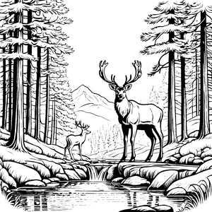 Majestätisches Reh am plätschernden Bach Ausmalmotiv für kleine Naturforscher