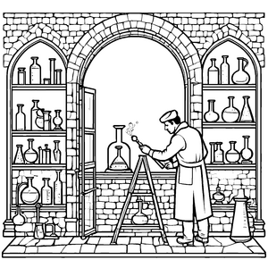 Magischer Alchemist bei faszinierenden Experimenten Ausmalvorlage für neugierige Entdecker
