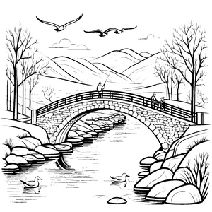 Fischer auf der idyllischen Brücke Ausmalvorlage für abenteuerliche Naturliebhaber
