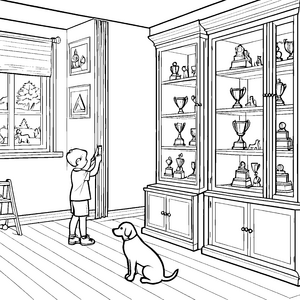 Trophäenschrank mit ruhendem Hund Ausmalbild für kleine Champions