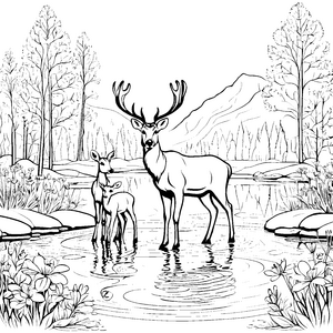 Majestätische Rehe am glitzernden Teich Ausmalbild für traumhafte Naturfreunde