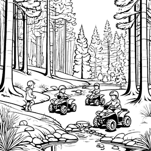 Abenteuerliche Quadfahrer im Wald Ausmalbild für furchtlose Naturfreunde