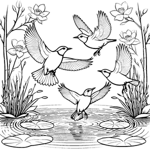 Spritzige Vögel im glitzernden Teich Ausmalbild für fröhliche Wasserliebhaber
