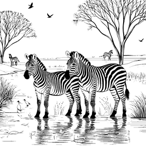 Zwei neugierige Zebra-Jungtiere am glitzernden Wasser Ausmalvorlage für abenteuerlustige Tierfreunde