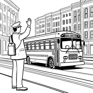 Begeisterter Busfahrer mit grüßenden Passagieren Ausmalbild für aufmerksame Verkehrsfans