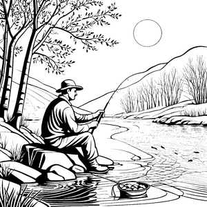 Angler bei strahlendem Sonnenschein am ruhigen Fluss Ausmalmotiv für fantasievolle Naturentdecker