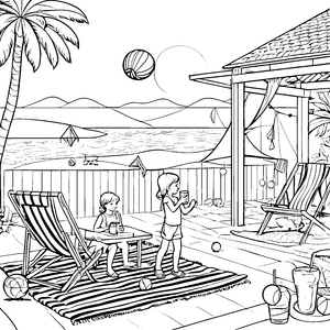 Erfrischende Kinder am sonnigen Strand Ausmalvorlage für fröhliche Entdecker
