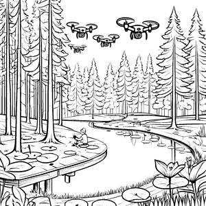 Spannende Drohnenüberflüge über traumhaften Wald Ausmalvorlage für neugierige Technikfans