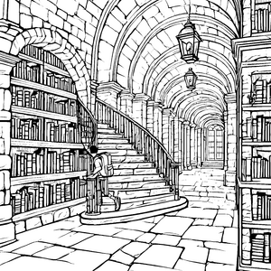 Geheimnisvolle Bibliothek mit alten Schätzen Ausmalbild für wissensdurstige Entdecker