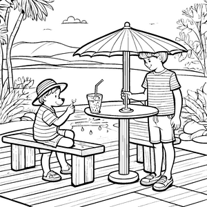 Erfrischende Getränke am Strandtisch Ausmalmotiv für kleine Entdecker