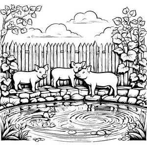 Freche Frischlinge spielen am spritzenden Teich Ausmalvorlage für kleine Naturentdecker